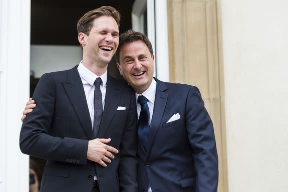 Mandatory Credit: Photo by Geert Vanden Wijngaert/AP/REX/Shutterstock (6731135a) Luxembourg's Prime Minister Xavier Bettel, right, walks out of the town hall with his partner Gauthier Destenay after their marriage in Luxembourg, on . The marriage comes one year after the parliament approved legislation to turn Luxembourg into an increasing number of countries allowing for same-sex marriages. Bettel and Destenay have been civil partners since 2010 Luxembourg Premier Marriage, Luxembourg