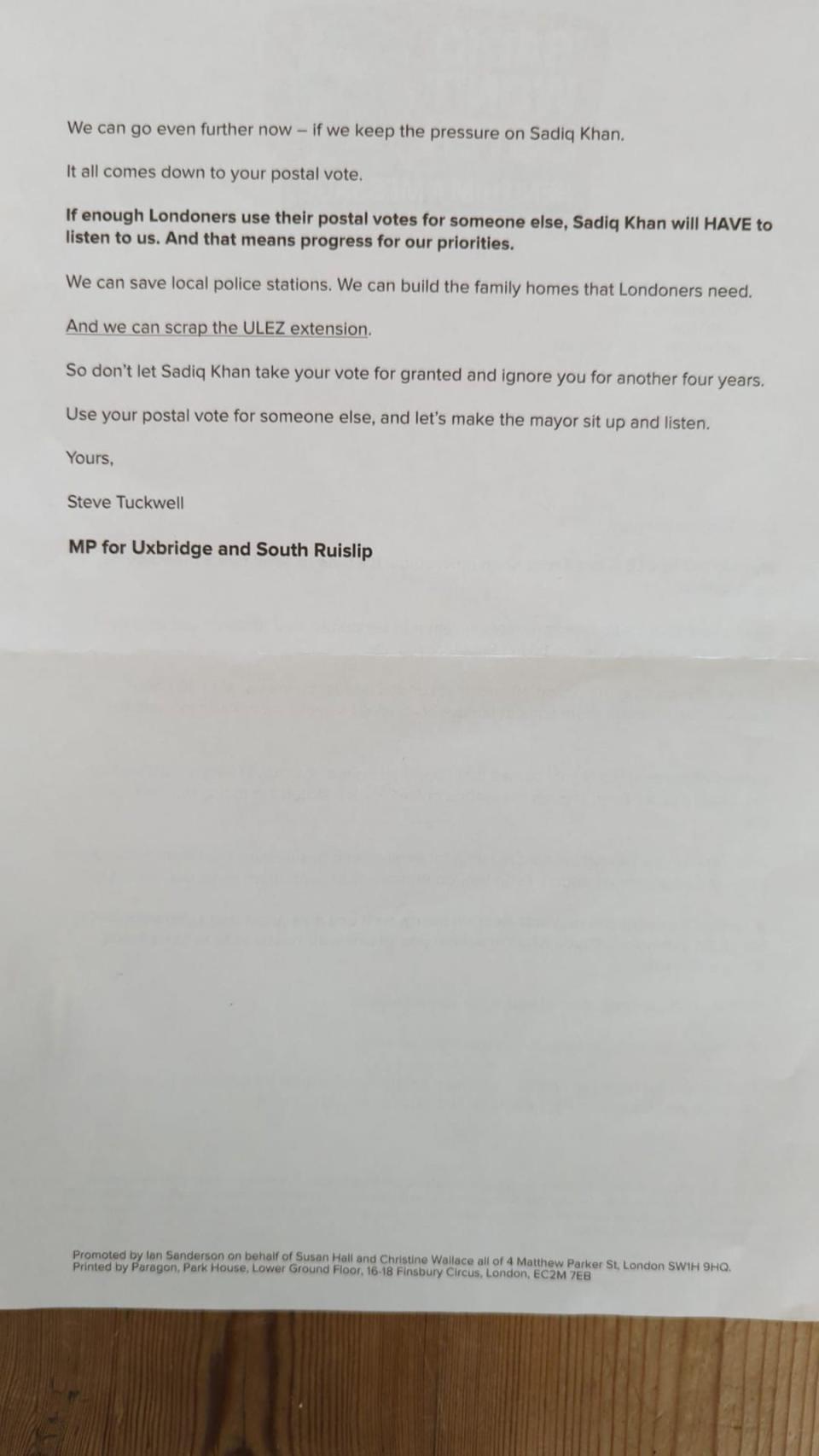 The second side of the letter from Steve Tuckwell MP to London voters (Supplied)