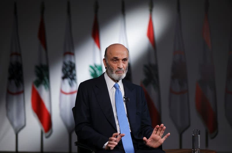 Samir Geagea, the leader of Lebanon's Christian Lebanese Forces party, speaks during an interview with Reuters at his residence in Maarab