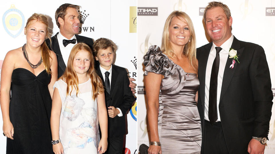 Shane Warne's three kids (left) and ex-wife Simone (right) are all shocked and devastated at his tragic death. Pic: Getty