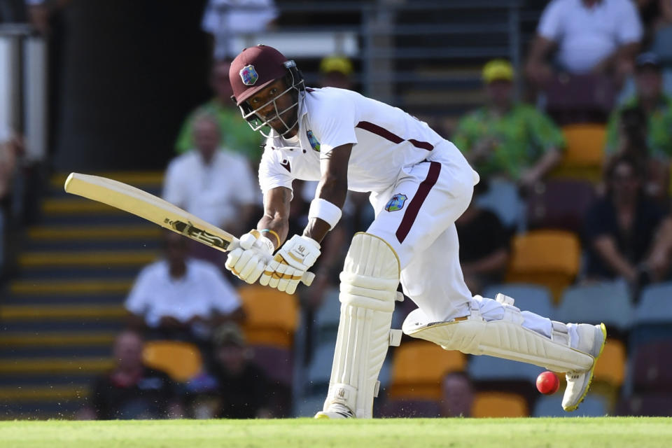 West Indies' Kavem Hodge bats against Australia on the third day of their cricket test match in Brisbane, Saturday, Jan. 27, 2024. (Darren England/AAP Image via AP)