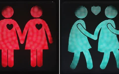 In another example of alternative pedestrian crossing lights, signals showing female and male same-sex couples sprung up in Vienna two years ago - Credit: AFP