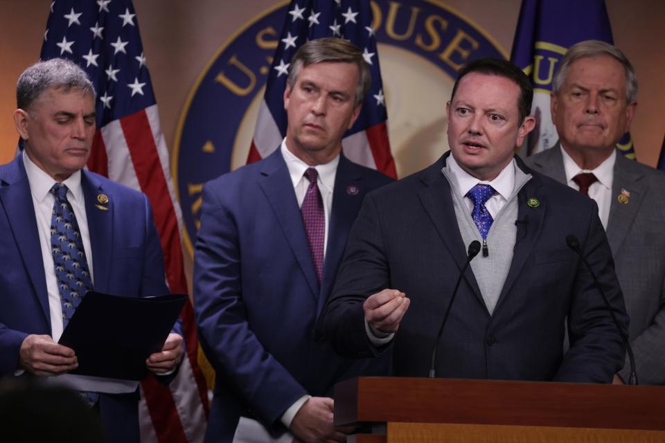 U.S. Rep. Eric Burlison, R-Mo., speaks during a news conference at the U.S. Capitol on February 13, 2024 in Washington, DC.