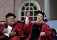 <p>Facebook CEO and Harvard dropout Mark Zuckerberg, right, gestures as actor James Earl Jones, left, looks on while seated on stage during Harvard University commencement exercises, May 25, 2017, in Cambridge, Mass. Zuckerberg was presented with an honorary Doctor of Laws degree Thursday and gave a commencement address at Harvard. (Photo: Steven Senne/AP) </p>