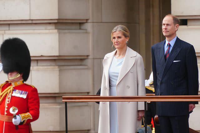 <p>VICTORIA JONES/POOL/AFP via Getty</p> Sophie, Duchess of Edinburgh and Prince Edward at Buckingham Palace on Monday April 8