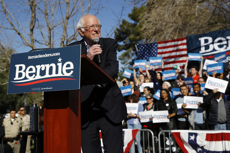 Democratic presidential candidate Sen. Bernie Sanders, I-Vt., speaks during a campaign event at the University of Nevada, Las Vegas, Tuesday, Feb. 18, 2020, in Las Vegas. (AP Photo/Patrick Semansky)