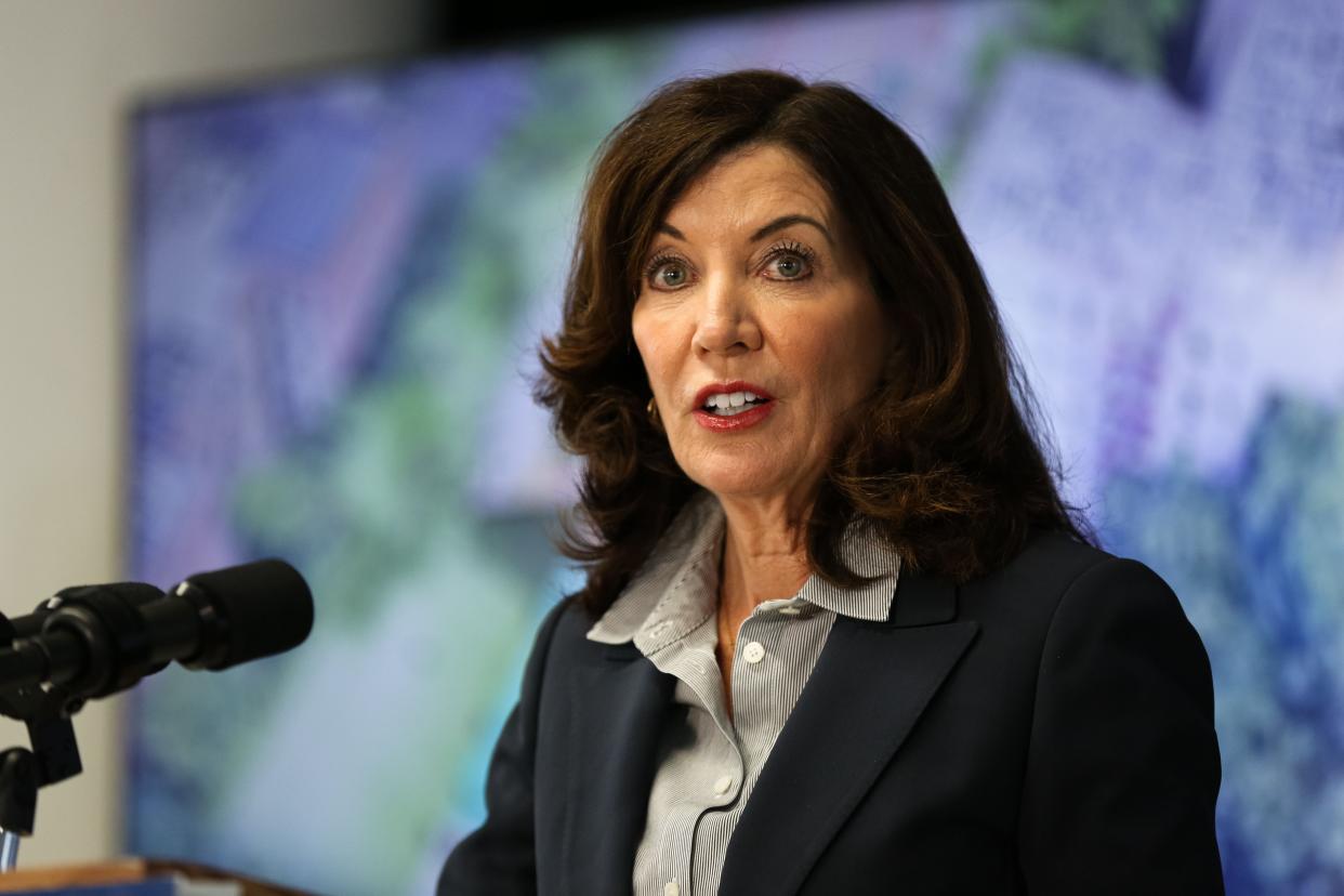 New York Governor Kathy Hochul speaking at a press conference regarding a new transportation plan for Queens and Brooklyn at the Brooklyn Army Terminal Annex, Brooklyn, New York on Thursday, January 20, 2022.