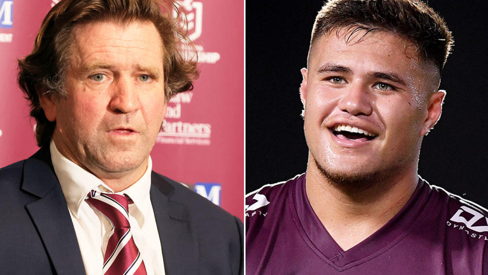 Pictured left is Manly coach Des Hasler and young star Josh Schuster on the right.