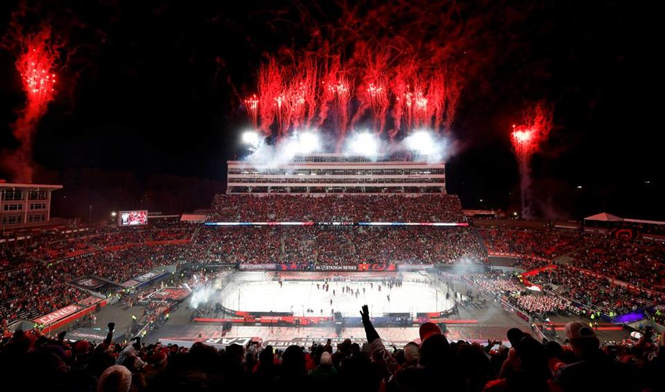 Fireworks go off after Carolina’s 4-1 victory over Washington in the NHL Stadium Series game between the Hurricanes and the Capitals at Carter-Finley Stadium in Raleigh, N.C., Saturday, Feb. 18, 2023.