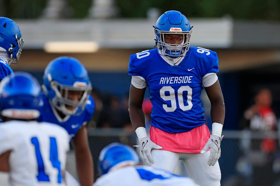 Riverside defensive lineman De'Avary Weeks lines up before the snap during an October game against Trinity Christian.