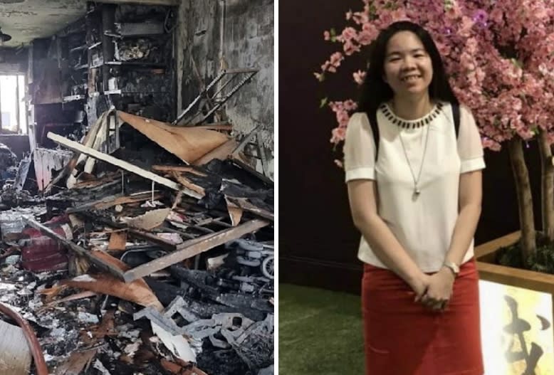 A flat destroyed by a fire at Block 409 Bedok North Ave 2 last month (left) and victim Jenny Tan, who is still in hospital. (PHOTOS: SCDF/Ray Of Hope)