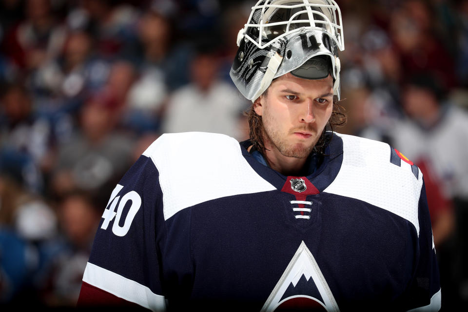 DENVER, COLORADO - OCTOBER 19: Goaltender Alexander Georgiev #40 of the Colorado Avalanche looks on during a pause in play against the Winnipeg Jets at Ball Arena on October 19, 2022 in Denver, Colorado. (Photo by Michael Martin/NHLI via Getty Images)