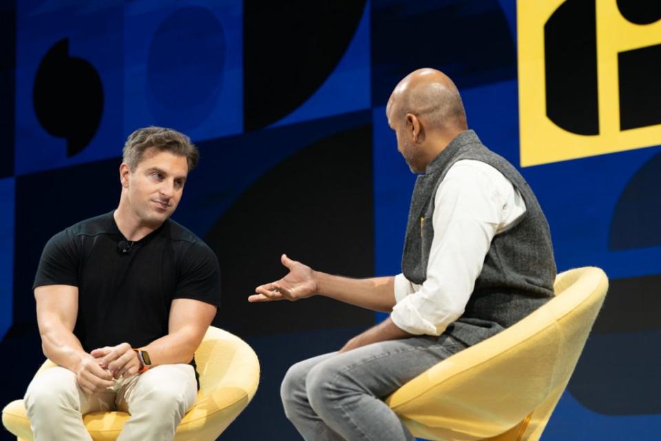 Airbnb co-founder and CEO Brian Chesky (left) spoke with Skift founder Rafat Ali at Skift Global Forum in Manhattan September 21, 2022. Source: Skift