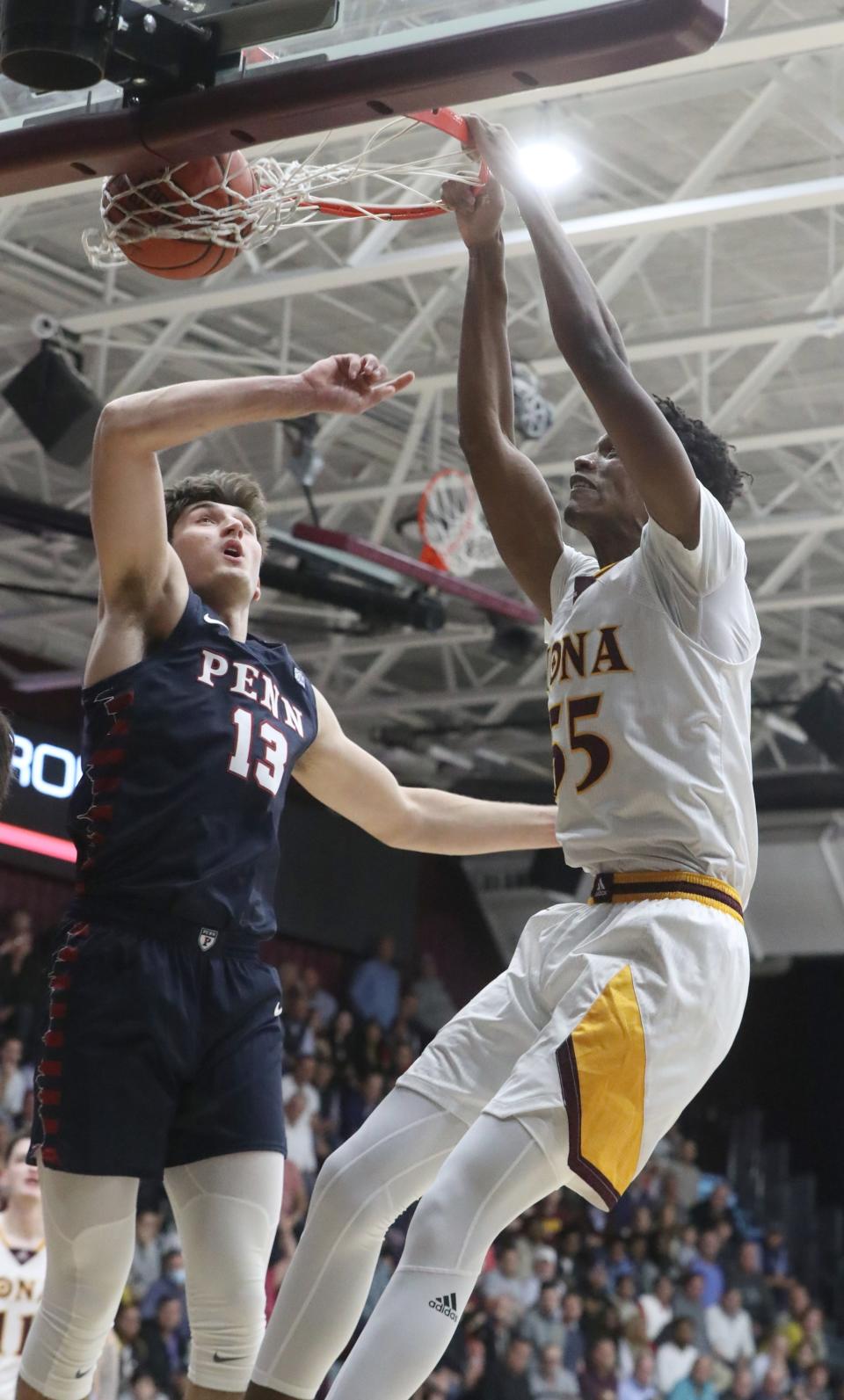 Iona's Osborn Shema competes against Penn's Nick Spinoso during a game at Iona Nov. 7, 2022.