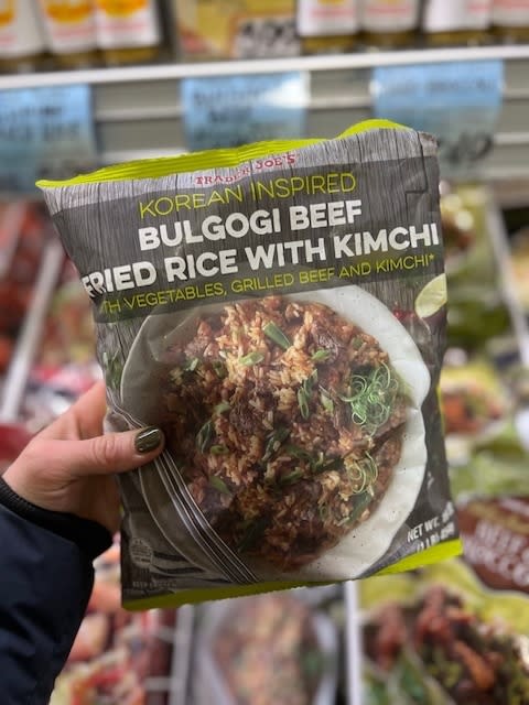 A bag of Trader Joe's Korean Inspired Bulgogi Beef Fried Rice With Kimchi