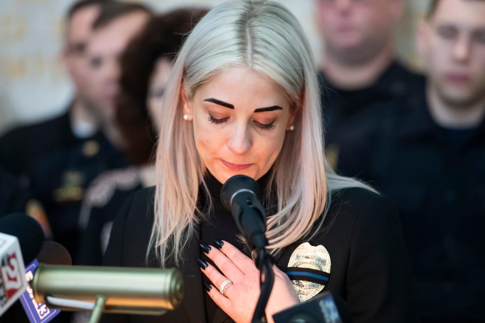 Lebanon County District Attorney Pier Hess Graf pauses as she speaks during a press conference at the Lebanon County and City Building on Thursday, April 7, 2022. "All I can say to the Lebo family, to every single one our police officers, (is that) I am so grateful to each of you and I'm also so heartbreakingly and truly sorry."