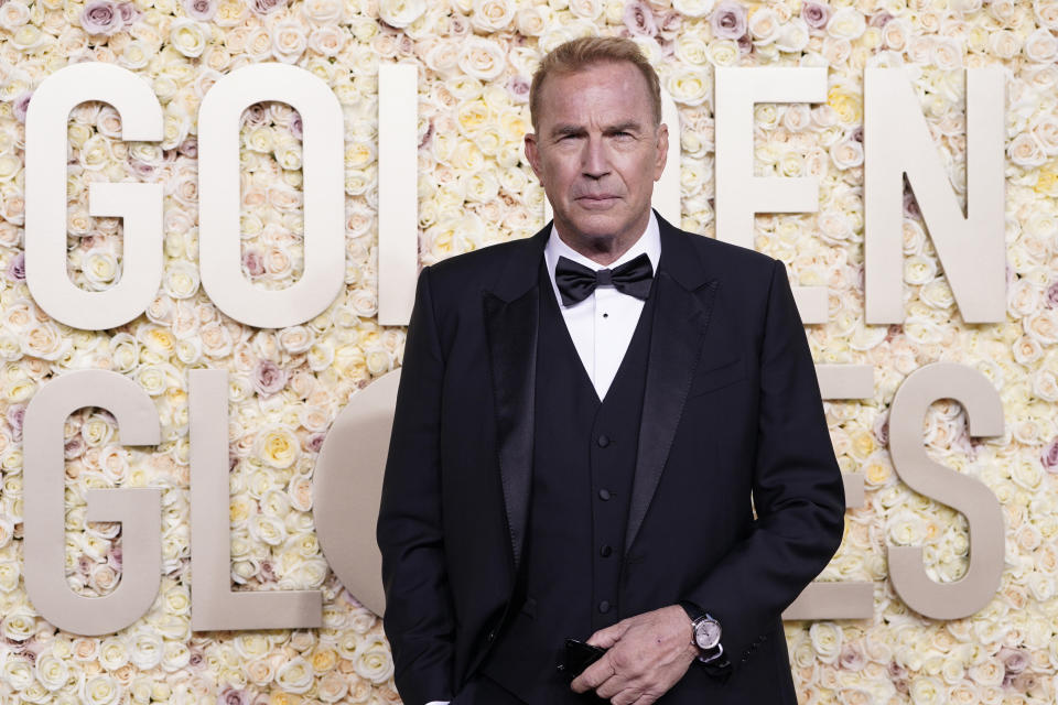 Kevin Costner arrives at the 81st Golden Globe Awards on Sunday, Jan. 7, 2024, at the Beverly Hilton in Beverly Hills, Calif. (Photo by Jordan Strauss/Invision/AP)