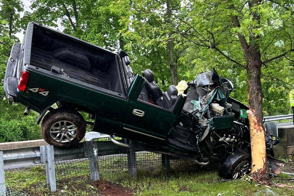 The scene of a vehicle crash with entrapment on the 200 block of Boyds School Road, Wednesday, May 15, 2024, in Cumberland Township. One victim was freed from the wreckage in roughly 40 minutes, according to officials.