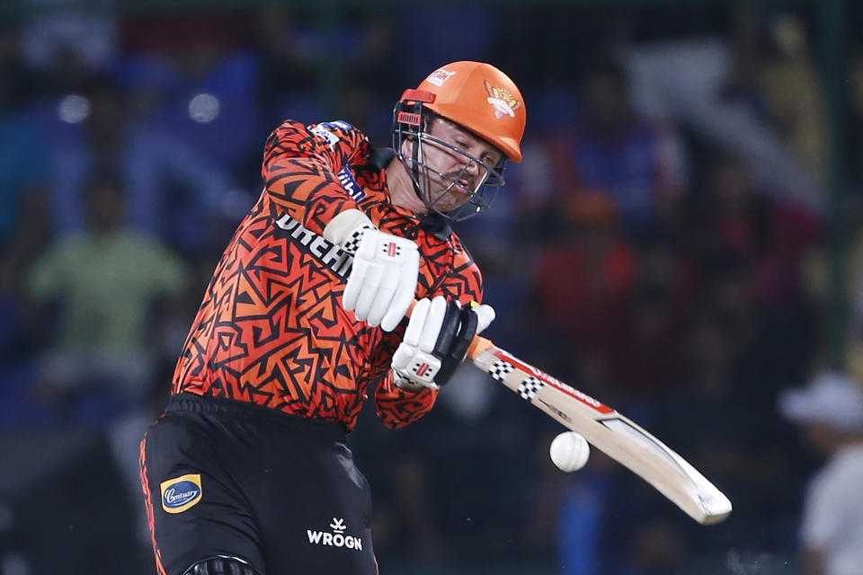 Sunrisers Hyderabad's Travis Head plays a shot during the Indian Premier League cricket match between Delhi Capitals and Sunrisers Hyderabad in New Delhi, India, Saturday, April 20, 2024. (AP Photo/Surjeet Yadav)