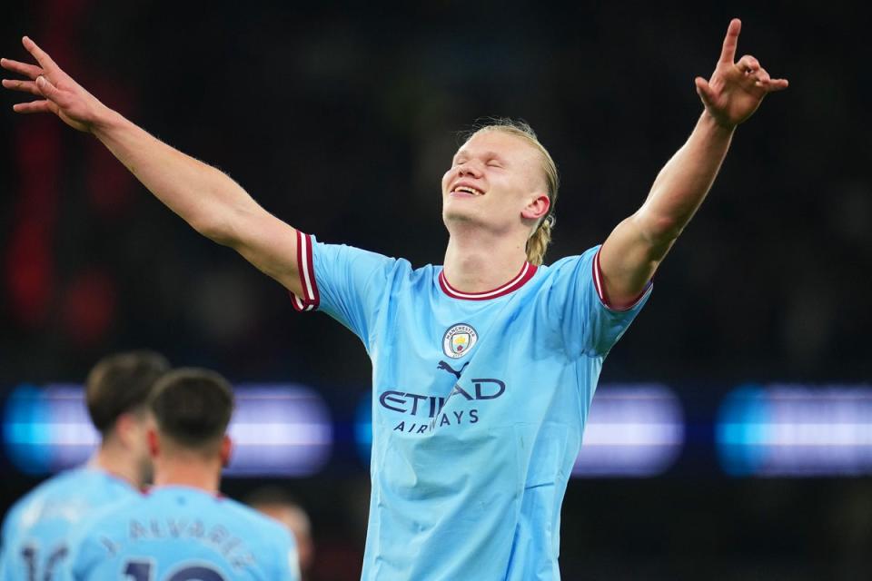 Erling Haaland has now scored the most goals in a single Premier League season ever (Manchester City FC via Getty Images)