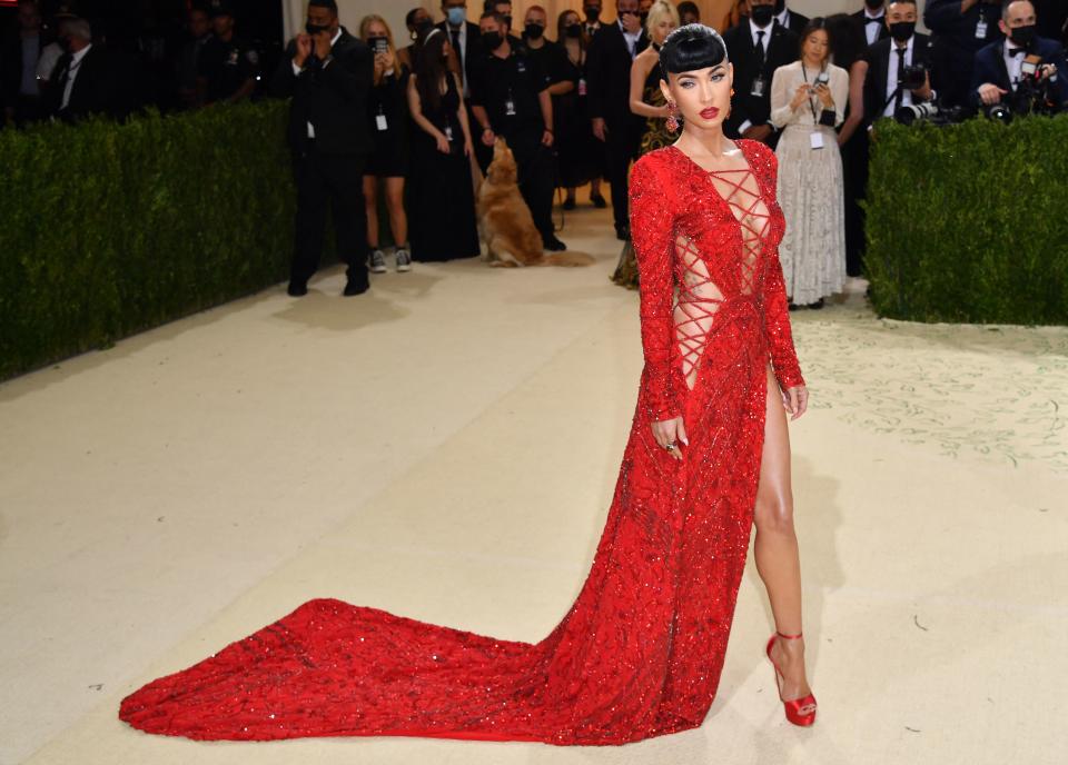 US actress Megan Fox arrives for the 2021 Met Gala at the Metropolitan Museum of Art on September 13, 2021 in New York. - This year's Met Gala has a distinctively youthful imprint, hosted by singer Billie Eilish, actor Timothee Chalamet, poet Amanda Gorman and tennis star Naomi Osaka, none of them older than 25. The 2021 theme is 