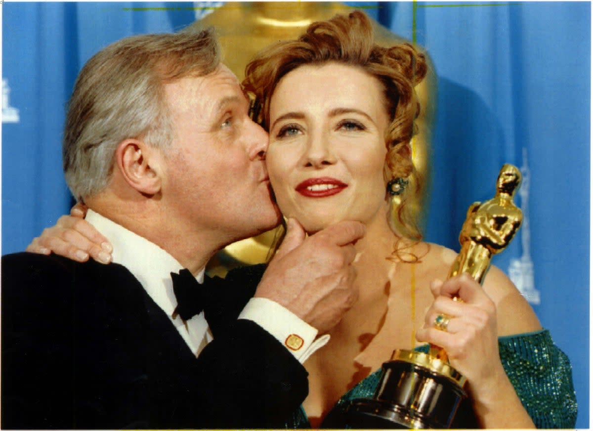 Anthony Hopkins kisses Emma Thompson for her Best Actress Oscars win in Howard’s End  (Reuters)