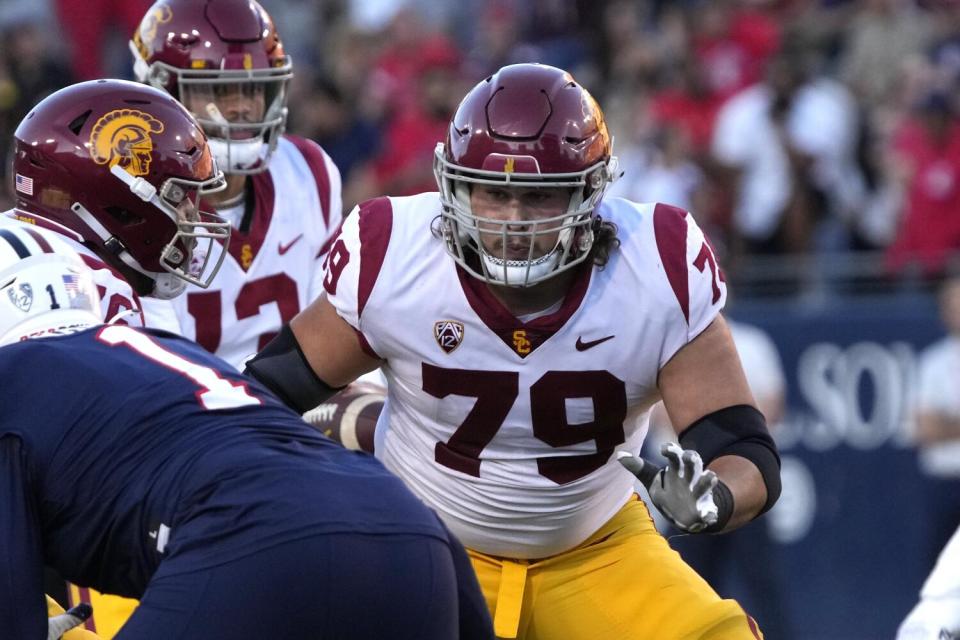 Southern California offensive lineman Jonah Monheim (79) lines up against Arizona during the 2022 season.