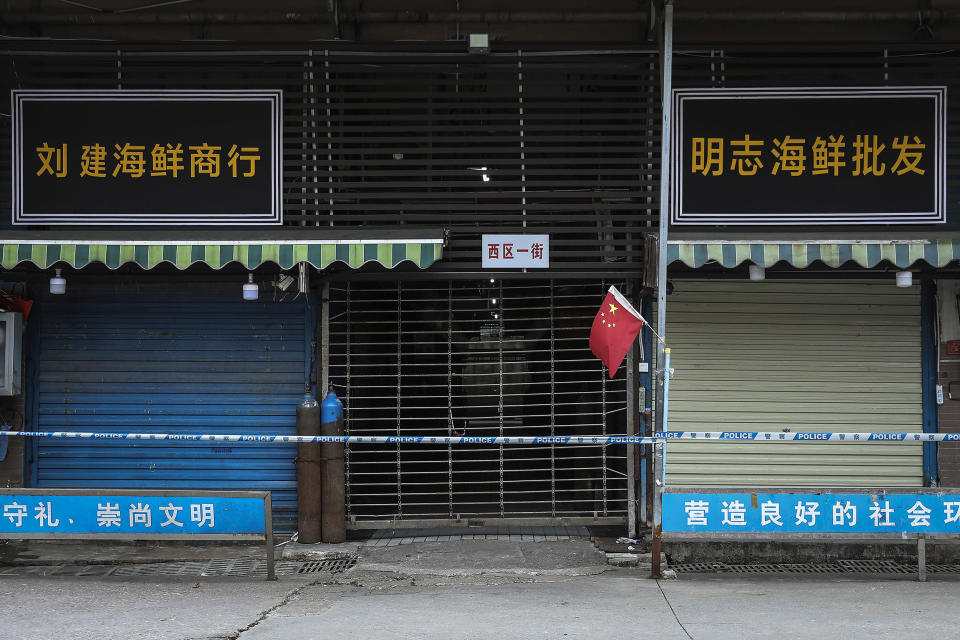 Image: The closed Huanan Seafood Wholesale Market, where some of the first reported cases were traced to. (Getty Images)