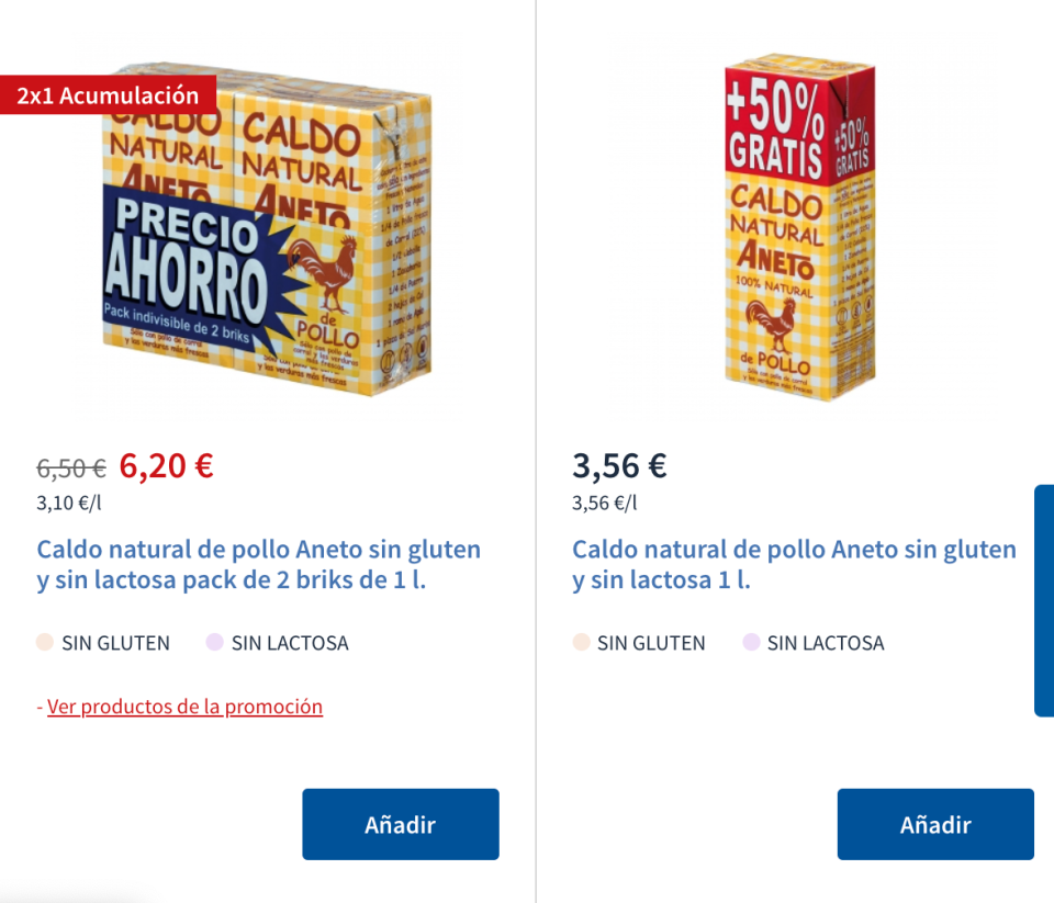 En el caso del caldo de pollo, la diferencia es incluso más amplia. Foto: Captura supermercado Carrefour