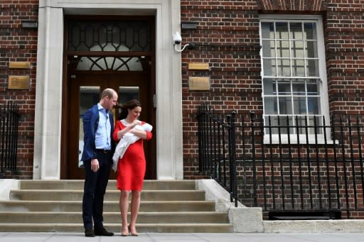 Britain's Duke and Duchess of Cambridge show their newly-born son, their third child, Prince Louis of Cambridge to the media
