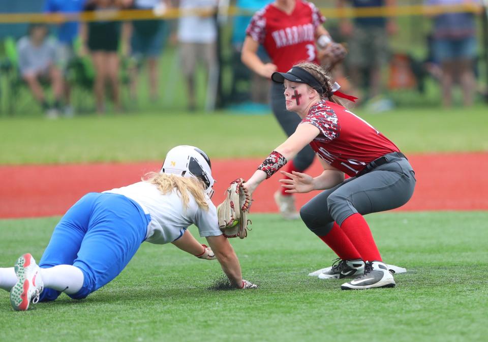 Chenango Valley's Kaylee Watson (10) puts a tag on a baserunner in the NYSPHSAA Class B final against Ichabod Crane at Moriches Athletic Complex in Moriches on Saturday, June 11, 2022.