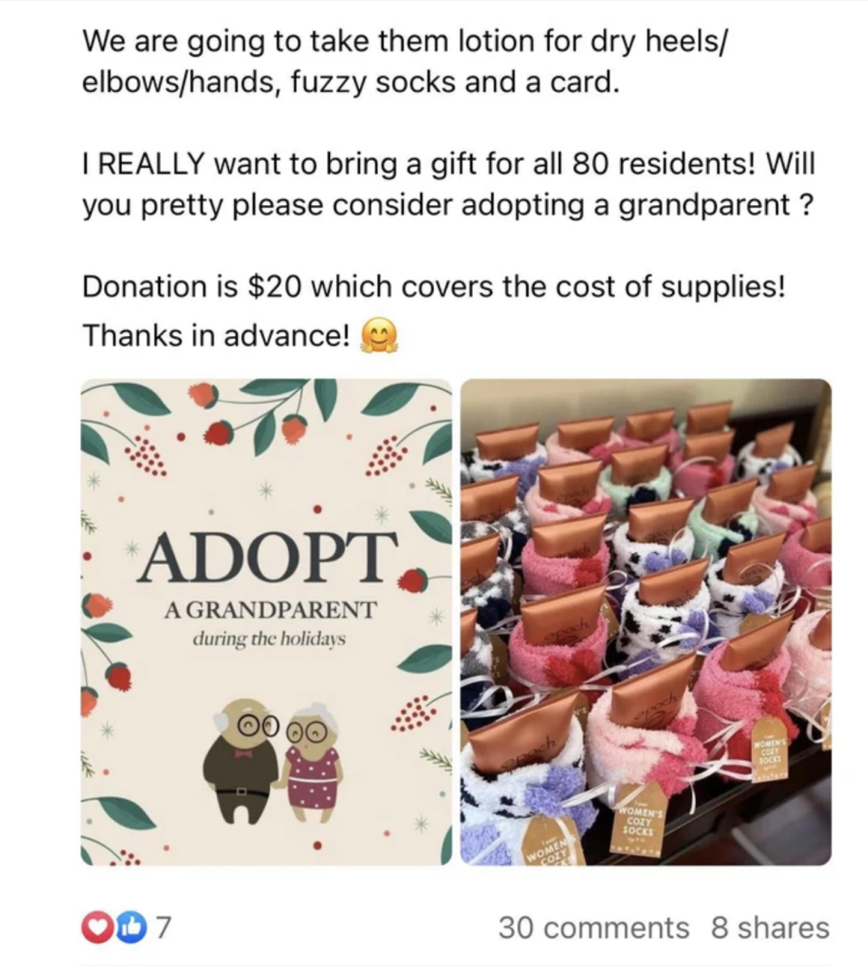 Someone asking people to "adopt a grandparent" and donate $20 for them to provide lotion to older people