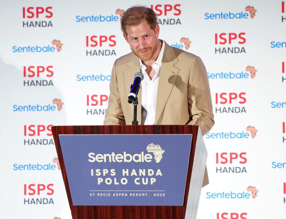 Prince Harry, Duke of Sussex speaks at the Sentebale ISPS Handa Polo Cup