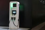 An electric vehicle charging station is seen on display at the 2019 New York International Auto Show in New York