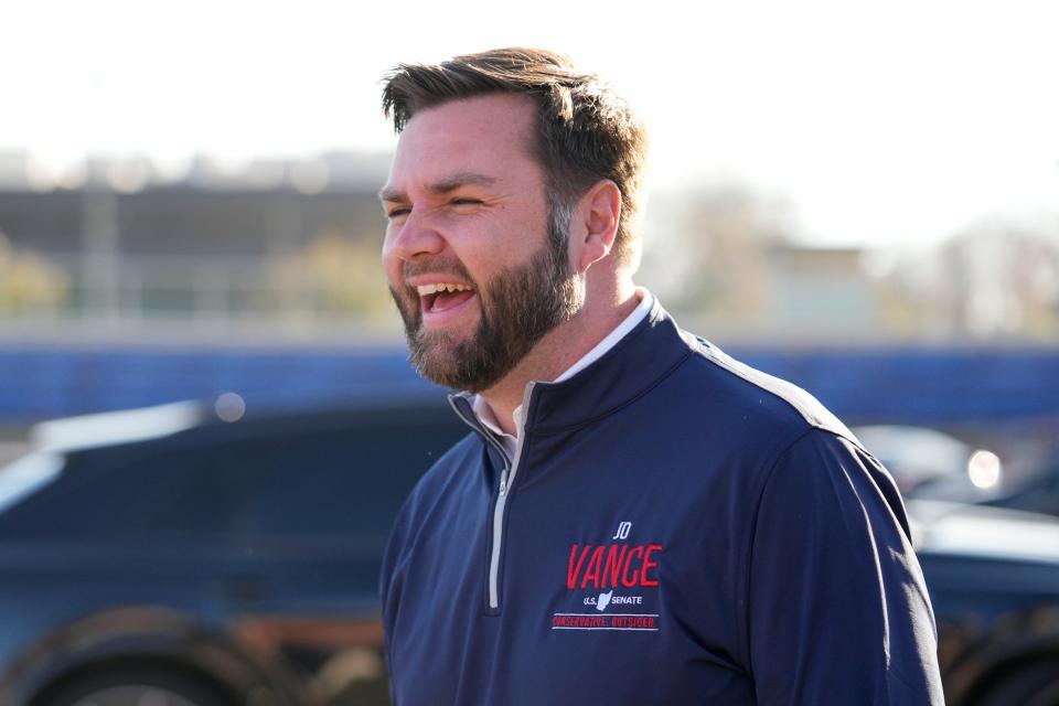 Ohio Senate candidate JD Vance arrives at a polling location in Cincinnati, Tuesday, Nov. 8, 2022.