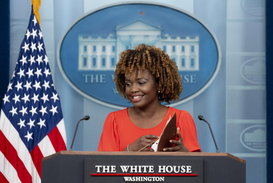 White House press secretary Karine Jean-Pierre speaks at a press briefing at the White House in Washington, Monday, Feb. 12, 2024. (AP Photo/Andrew Harnik)