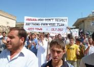 A handout picture released by the Syrian opposition's Shaam News Network shows an anti-regime demonstration in Hass