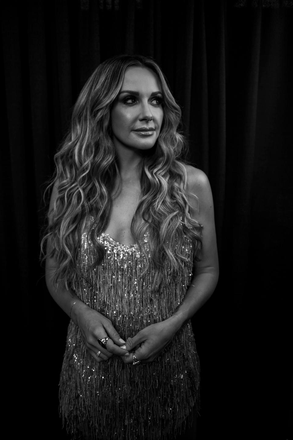 Carly Pearce stands before being interviewed at Nissan Stadium in Nashville, Tenn., Thursday, June 8, 2023.