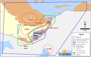 Key target areas for Chelopech brownfield exploration activities in 2021.