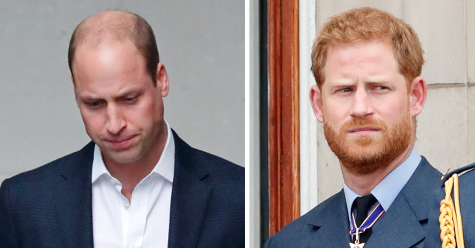 Prince William looks down with a sad expression (left) while Prince Harry wears a serious expression (right). Source: Getty