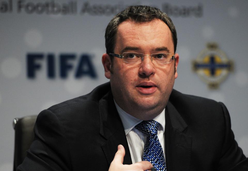 Alex Horne, The Football Association, answers questions at a press conference about goal-line technology in Zurich, Switzerland, Thursday July 5, 2012. Goal-line technology has been given the go-ahead by the International Football Association Board (IFAB) following a vote at FIFA headquarters in Zurich. (AP Photo / KEYSTONE/Steffen Schmidt)