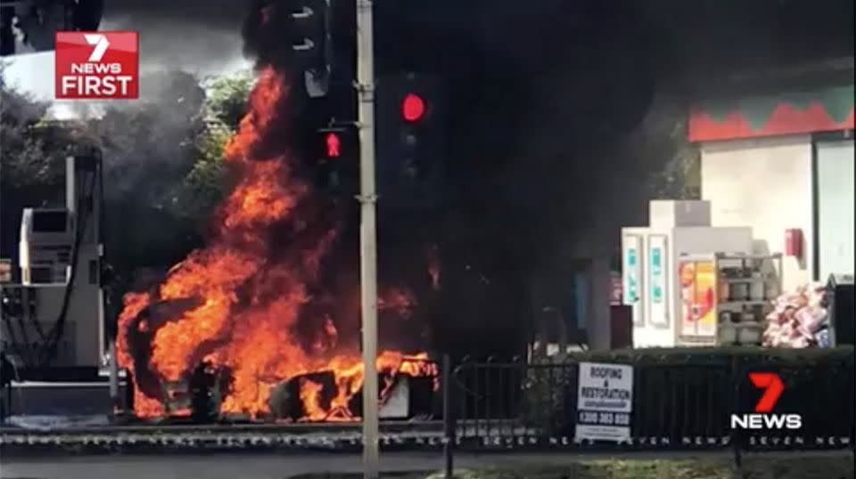 Moments later, the car and bowser were engulfed in flames. Source: 7 News