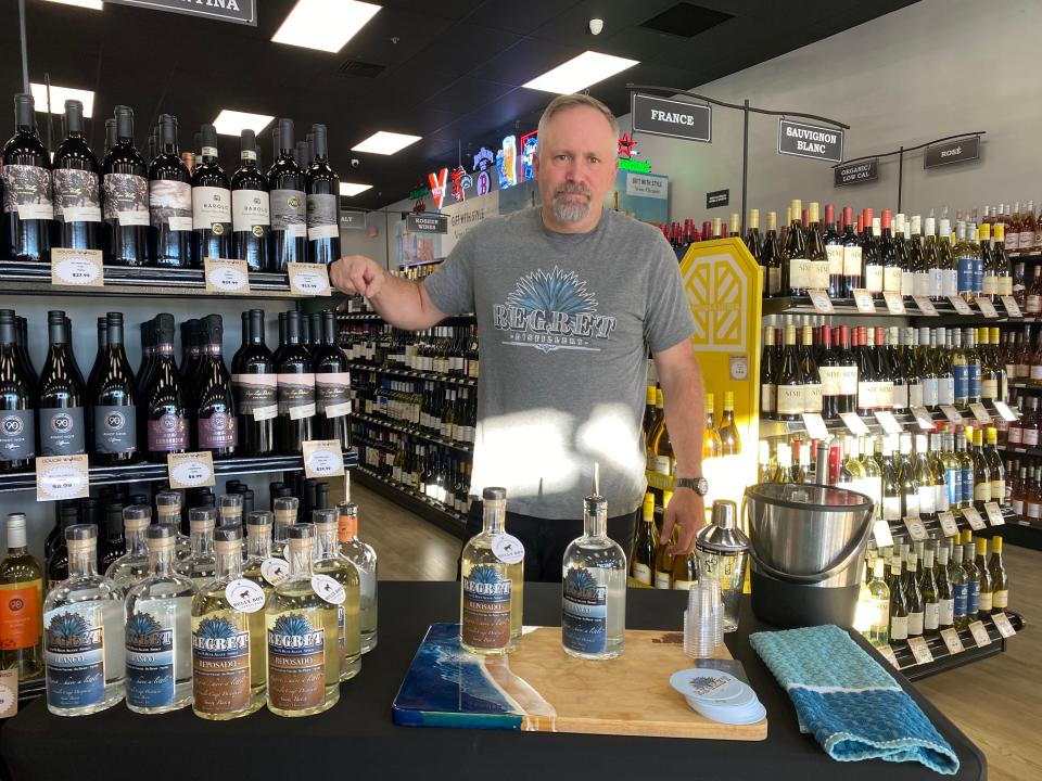 Rob Lombardi, owner of Regret Distillery, based in Raynham, does a tasting at Liquor World in South Easton on Thursday, March 8, 2024.