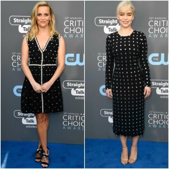 Big Little Lies star Reese Witherspoon and Game of Thrones actress Emilia Clarke wore the exact same print on the blue carpet. Photo: Getty Images