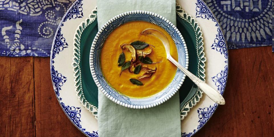 <p>Pumpkin isn't just for pies. Make the base for this velvety soup in advance and garnish with the sage and mushrooms just before serving.</p><p>Get the <a href="https://www.goodhousekeeping.com/food-recipes/easy/a34568/savory-pumpkin-and-sage-soup/" rel="nofollow noopener" target="_blank" data-ylk="slk:Savory Pumpkin and Sage Soup recipe;elm:context_link;itc:0;sec:content-canvas" class="link "><strong>Savory Pumpkin and Sage Soup recipe</strong></a>.</p>