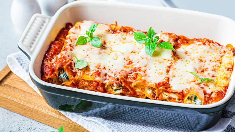 baked pasta dish with melted ricotta and mozzarella
