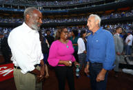 <p>David Robinson, Sharon Robinson and Hall of Famer Sandy Koufax are seen on field before Game 1 of the 2017 World Series between the Houston Astros and the Los Angeles Dodgers at Dodger Stadium on Tuesday, October 24, 2017 in Los Angeles, California. (Photo by Alex Trautwig/MLB Photos via Getty Images) *** Local Caption *** David Robinson, Sharon Robinson, Sandy Koufax </p>