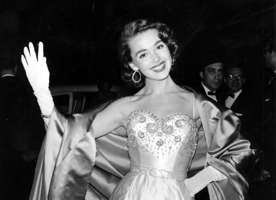 FILE - Actress Barbara Rush poses at the premiere of the movie "The Magnificent Obsession" on April 26, 1954. Rush, who co-starred in films with Frank Sinatra, Paul Newman and other leading men of the 1950s and 1960s and had a thriving TV career later in life, died Sunday, March 31, 2024 at age 97. (AP Photo/Robert Kradlin, File)