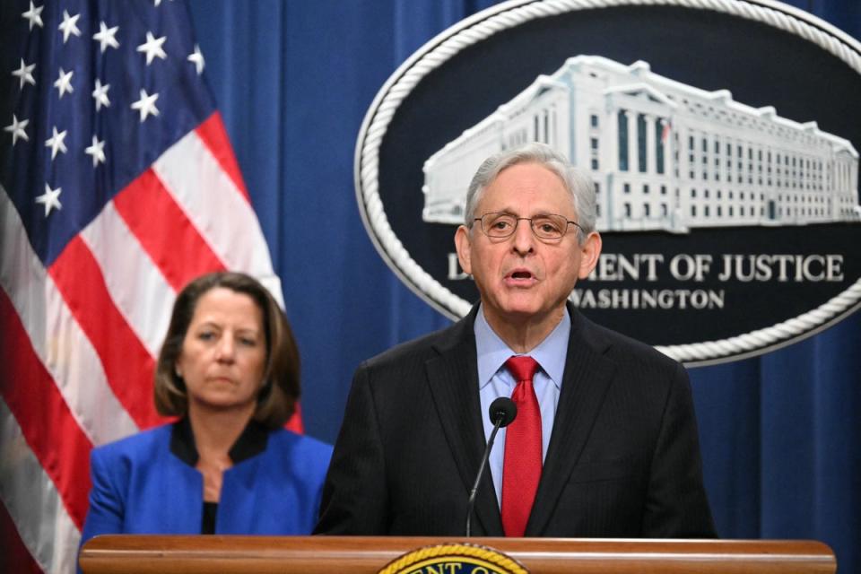 Merrick Garland, the US attorney general, announcing the antitrust lawsuit against Apple (AFP/Getty)