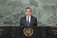 Foreign Minister of China Wang Yi addresses the 77th session of the United Nations General Assembly, Saturday, Sept. 24, 2022 at U.N. headquarters. (AP Photo/Mary Altaffer)